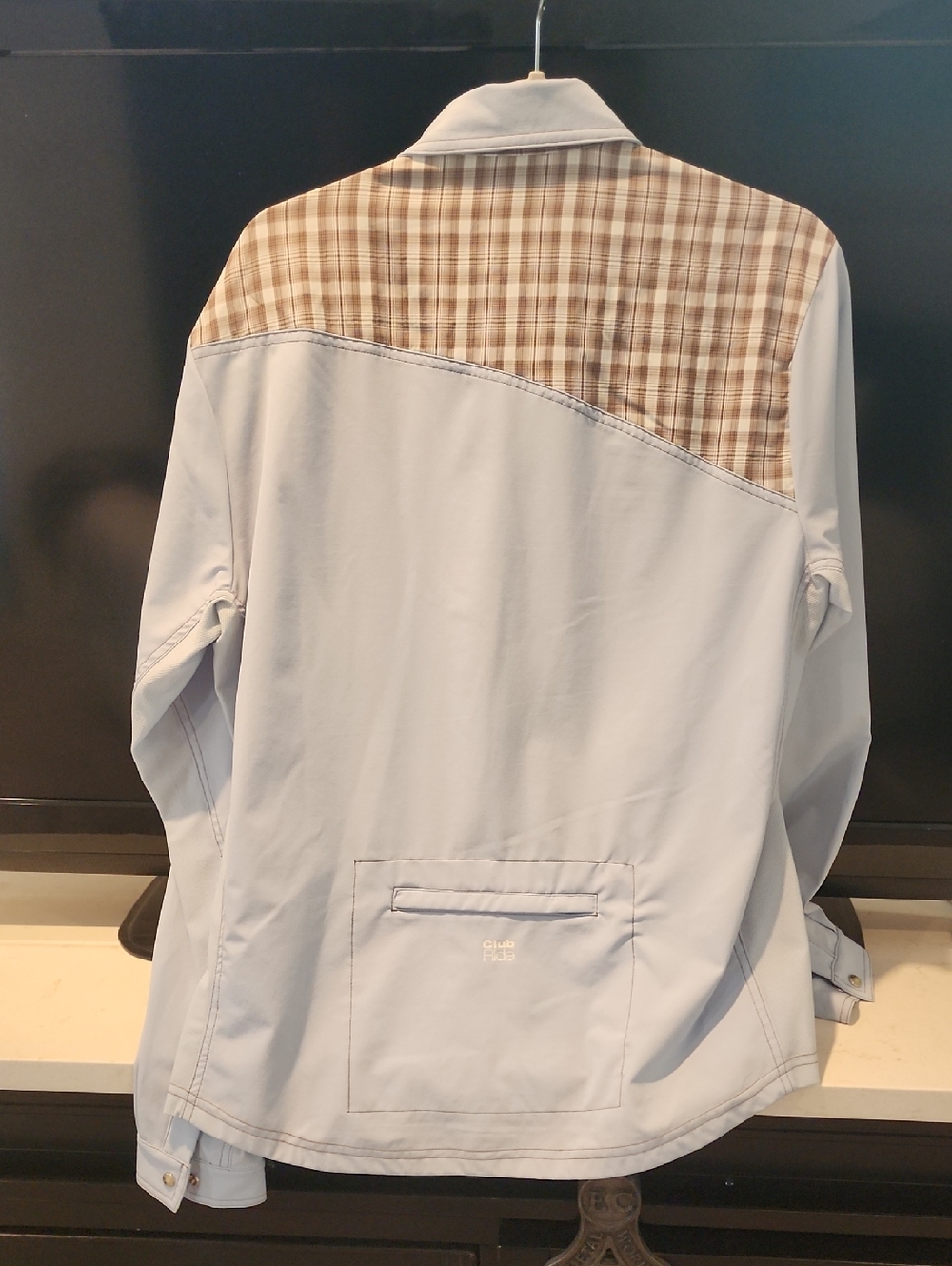 Club Ride Western-themed Riding Shirt. Light Blue with Brown Plaid Yoke - Picture 3 of 4